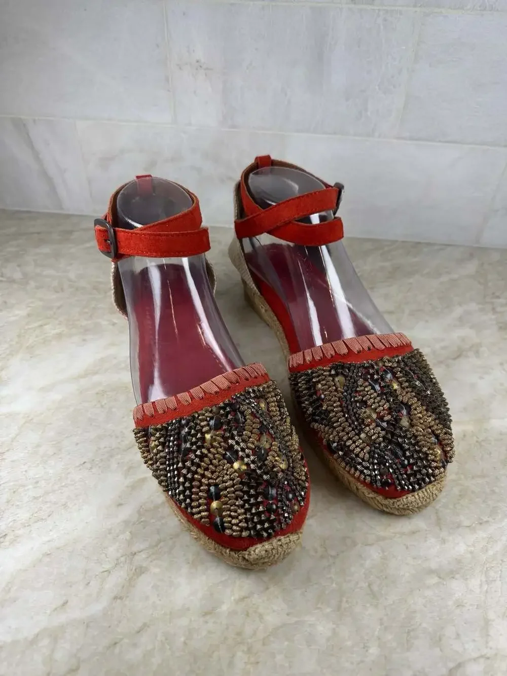 BOC Red Suede Beaded Espadrille Wedge Sandals Ankle Strap Boho Women’s Size 8